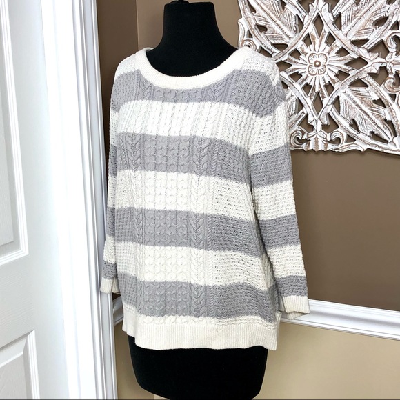 ⭐️ Lands End Gray and White Striped Cable Knit Sweater Size LARGE - Picture 10 of 12